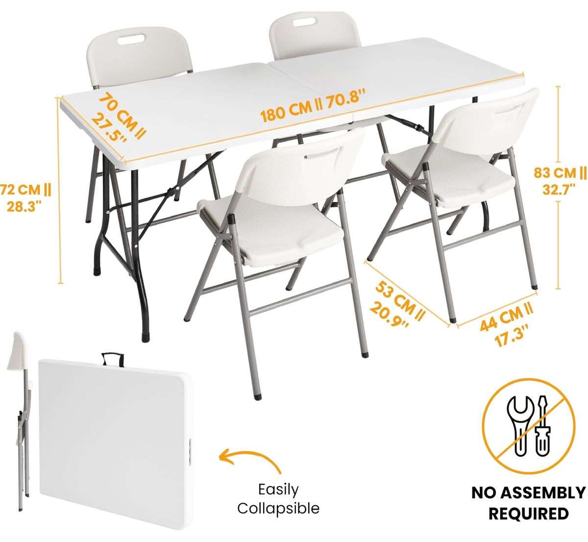 Foldable Table and Chairs Set - 5-Piece white- Indoor & Outdoor Use