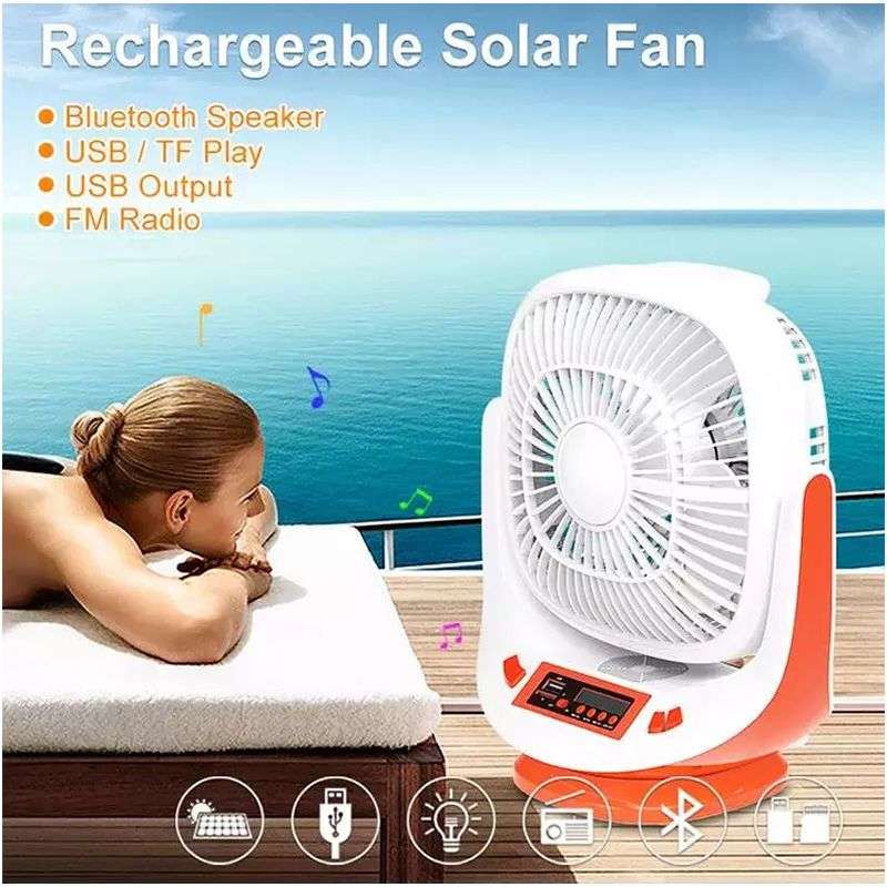8`` Solar Rechargeable LED Lights Radio Table Fan With Speaker Q-F108