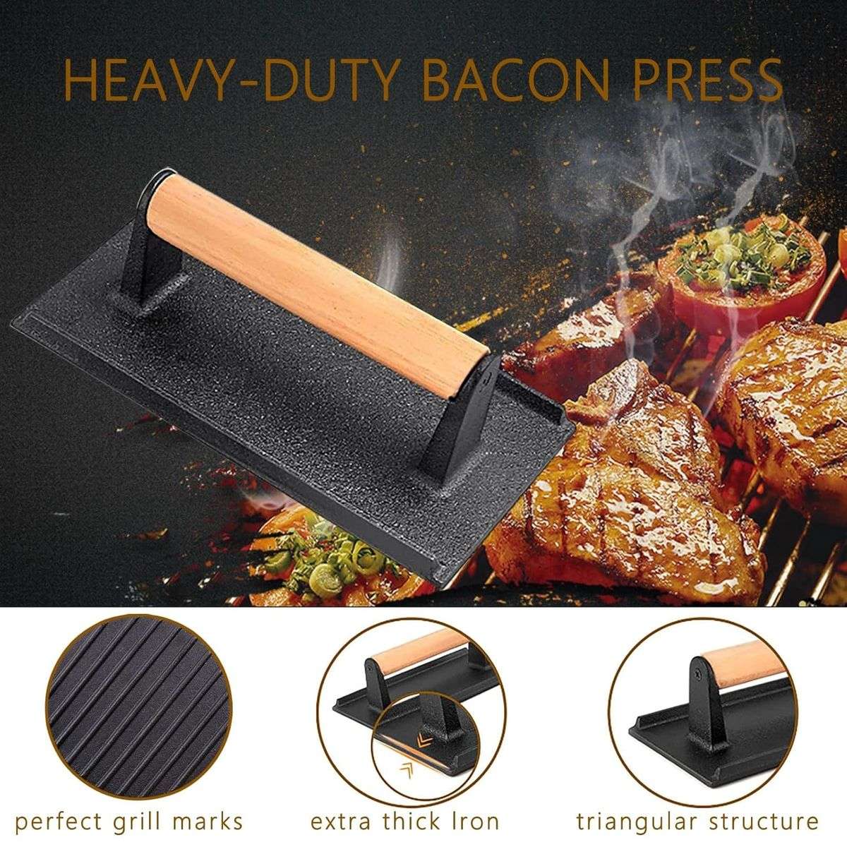 Cast Iron Meat, Burger & Bacon Press with Wooden Handle - Heavy Duty