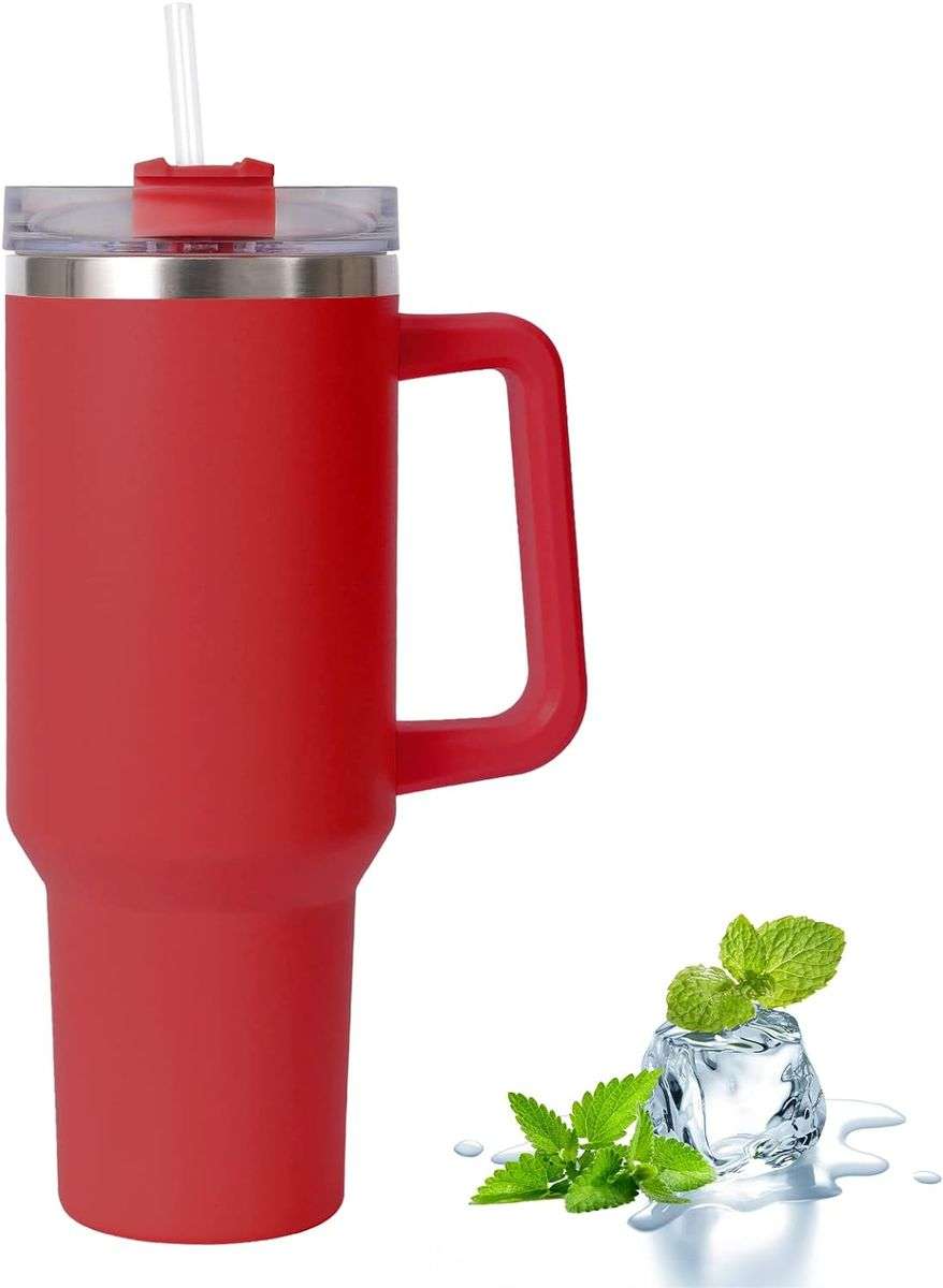 Red Tumbler With Handle and Straw - 1200ml