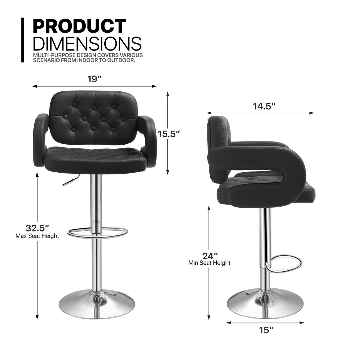 Bar Stools - Luxury Leather Barstools with Chrome Base - Black Colour