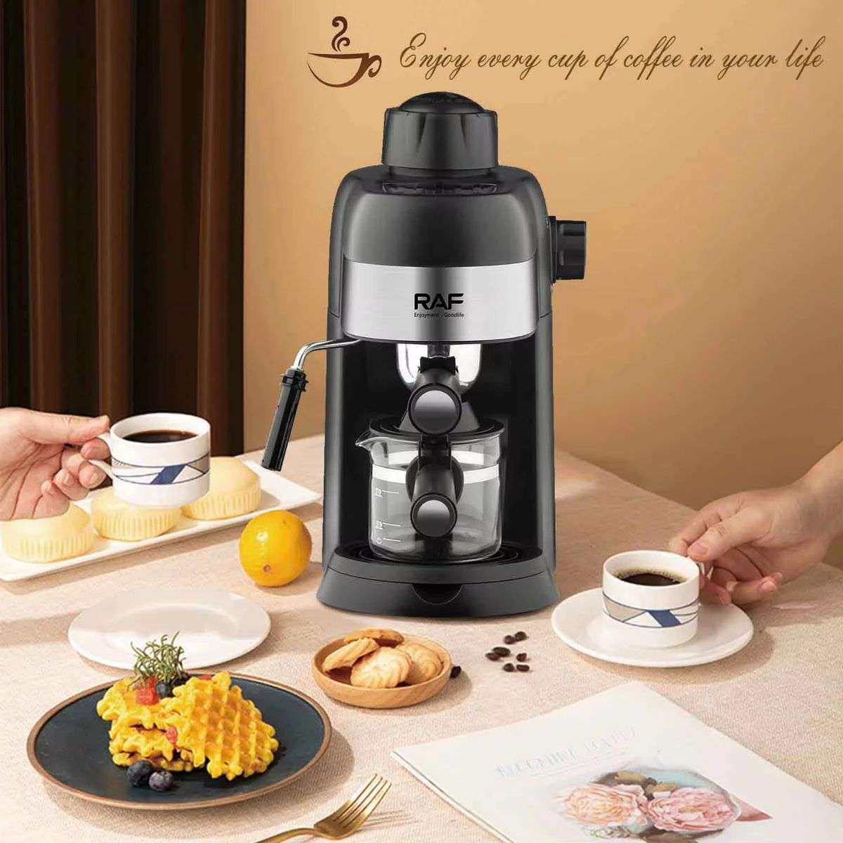 RAF 800W Italian 3.5-bar Coffee Maker with Milk Steamer