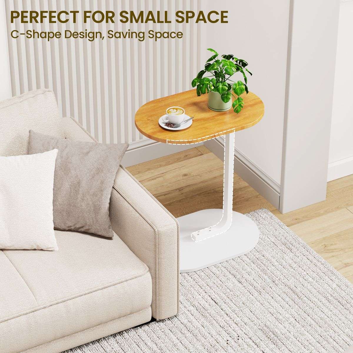 Coffee Table C-Shape Side Table Wooden End Table Couch Table Snack Table - Wood+White