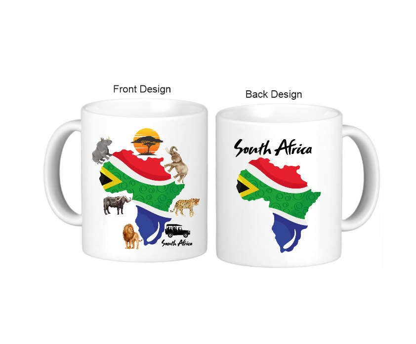 South African Safari Mug Set - Big 5 Animals & Map Design - 4 Ceramic Cups
