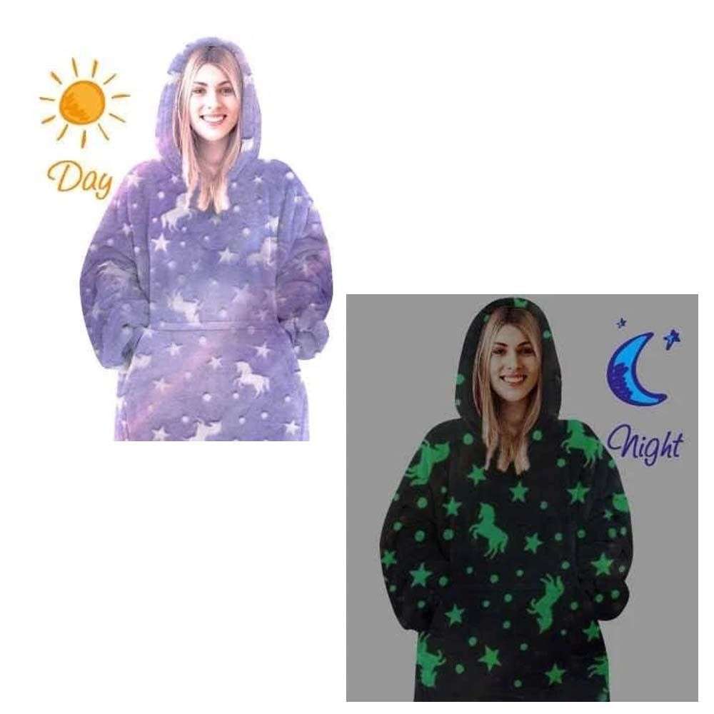 Glow in the Dark Oversized Hooded Blanket - Purple Unicorn Pattern