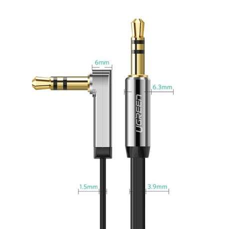 UGreen AV119 Right-angled 3.5mm Flat Aux Cable 2m - Black/Silver - UGreen AV119 Right-angled 3.5m...