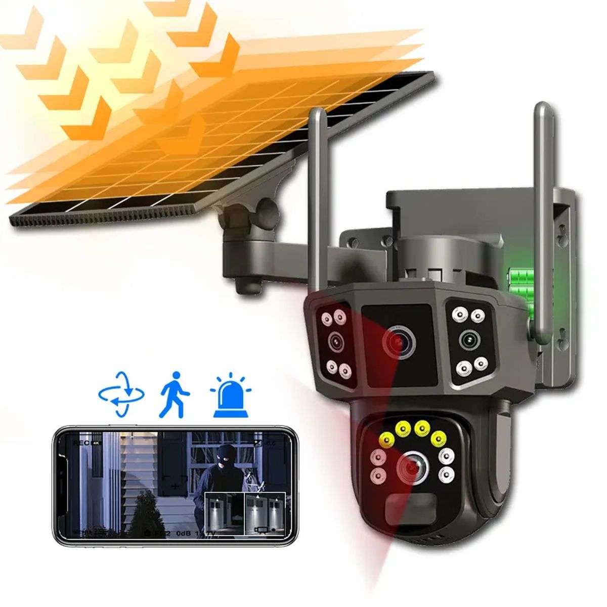 Solar 4MP 4K 3 Angle Sim operated 4G Security Camera