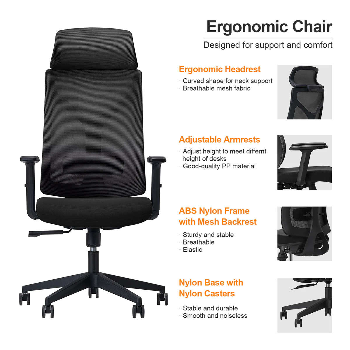 Office Chairs - Ergonomic Executive Mesh with Headrest