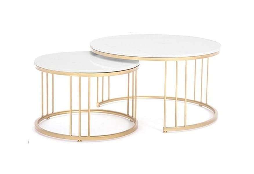 Coffee Table Set of 2  Rounded Marble Top  White / Gold Colours