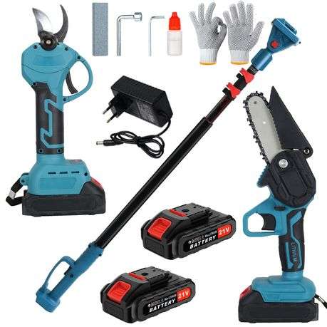 Cordless Garden Combo Set 6" Chainsaw, Pruning Shears, Pole & 2x Batteries