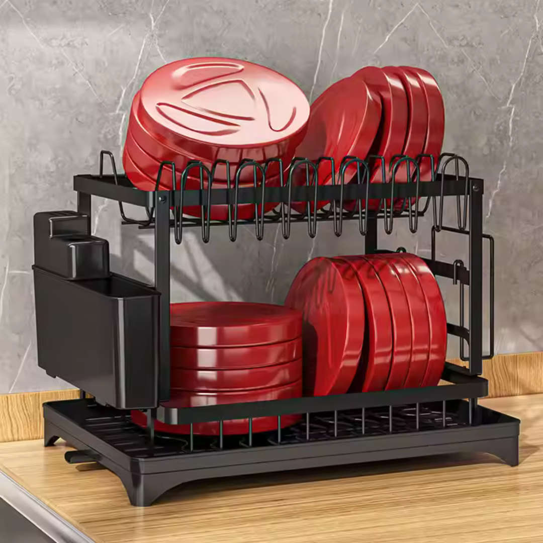 2-Tier Dish Drying Rack with Cutlery Holder & Drain Tray