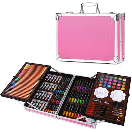 145Pcs Kids Painting & Drawing Art Set With Aluminium Case - Pink