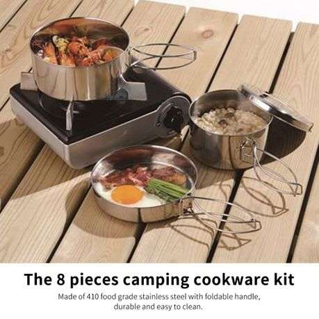 8 Piece Stacked S. Steel Portable Camping Cookware Set for 2 FX-9115