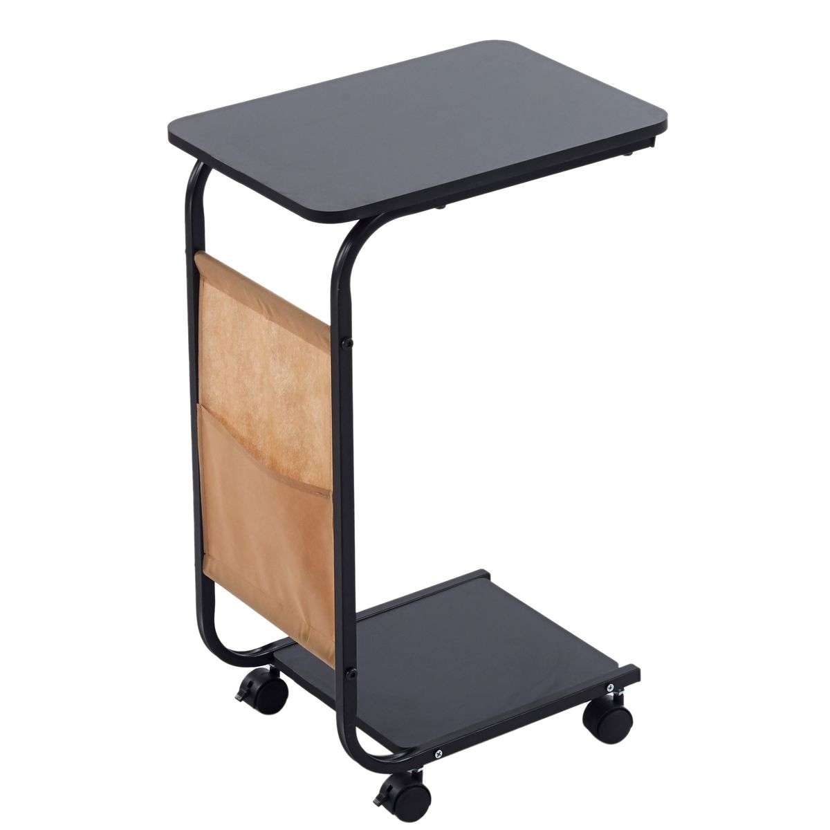 Bed Side Table with Storage Bag and Wheels - Black