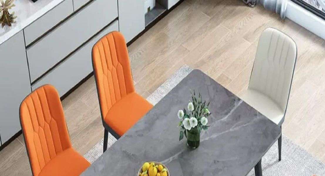 Modern Dining Set -Grey Marble Table with 2 White and 4 Orange Chairs