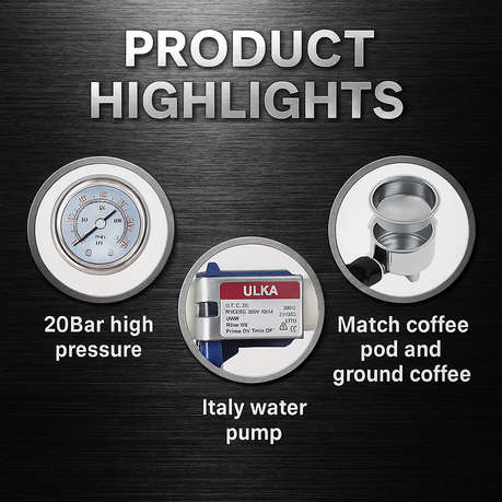 20Bar Espresso Machine - Italian ULKA Pump - Pods & Ground Coffee
