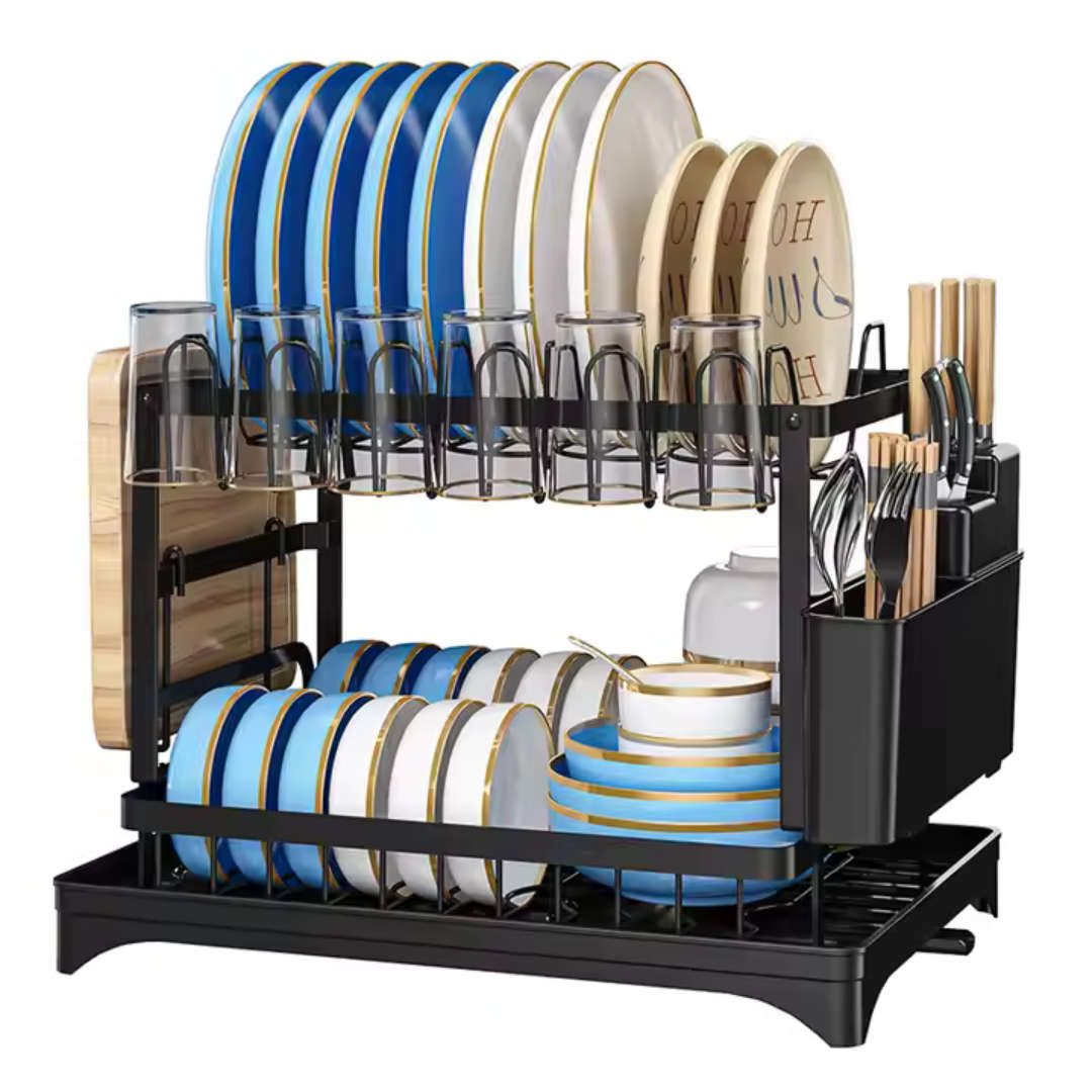 2-Tier Dish Drying Rack with Cutlery Holder & Drain Tray