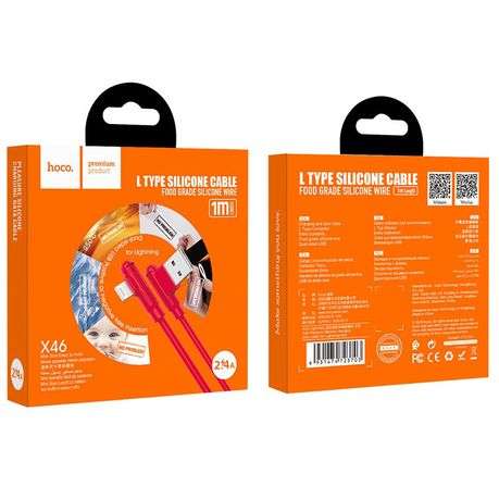 HOCO X46 L-Shape Lightning Cable 1m Red | 90 Degree Elbow, 2.4A | Gaming & In-Car