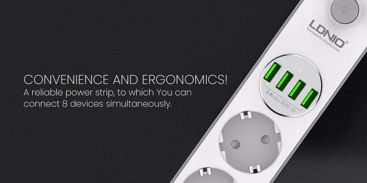 LDNIO Dual Power Socket 4 Fast Charging USB Port & 4 Socket 2400W