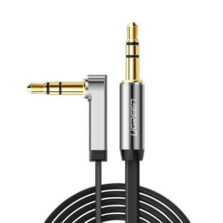 UGreen AV119 Right-angled 3.5mm Flat Aux Cable 2m - Black/Silver - UGreen AV119 Right-angled 3.5m...