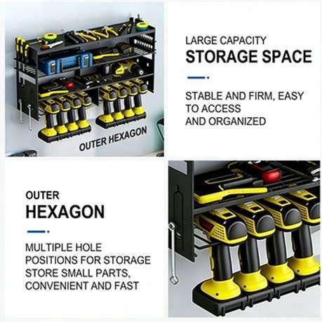 Stylish 4 Tier Large Capacity Wall Mount Tool Organizer, Metal Garage Storage Rack