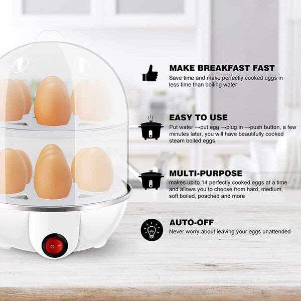 Electric Egg Boiler, 2 Tier Automatic 1 to 14 Egg Cooker White