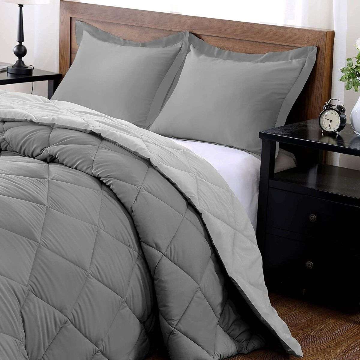 Reversible 5pcs Queen Comforter Set Charcoal And Grey