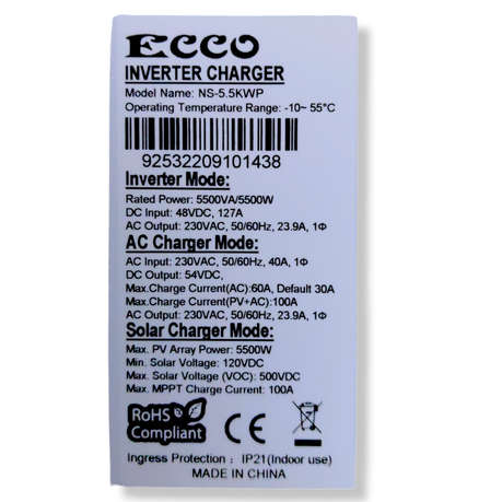 ECCO 5.5KW 48V 100A MPPT Hybrid Solar Inverter SKU 9902056110638 TSIN 92605402