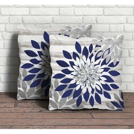 Stylish Navy and Grey Flower Cushion Covers Set 2