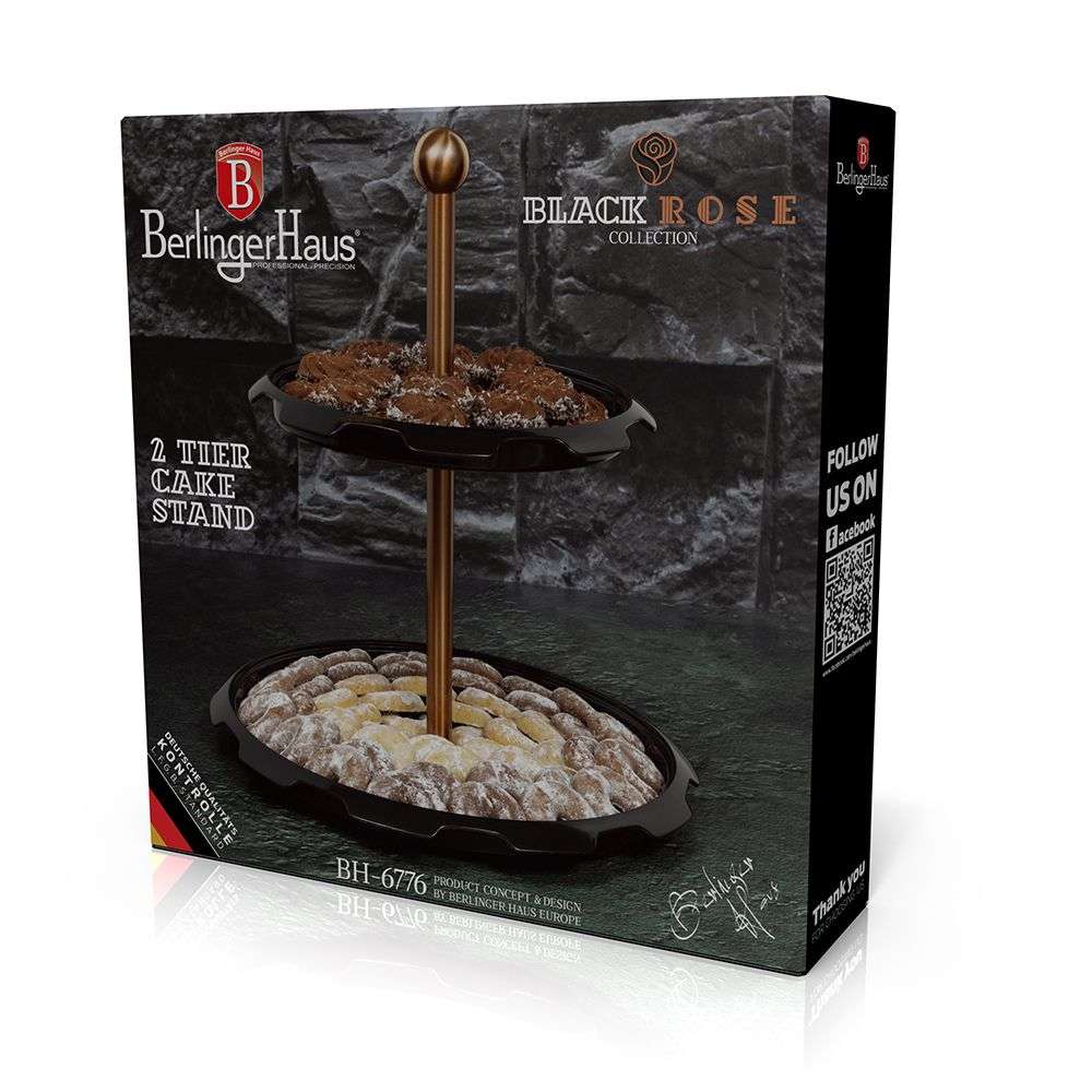 Berlinger Haus Chrome Iron 2 Tier Cake Stand - Black Rose Collection (DISPLAY MODEL)