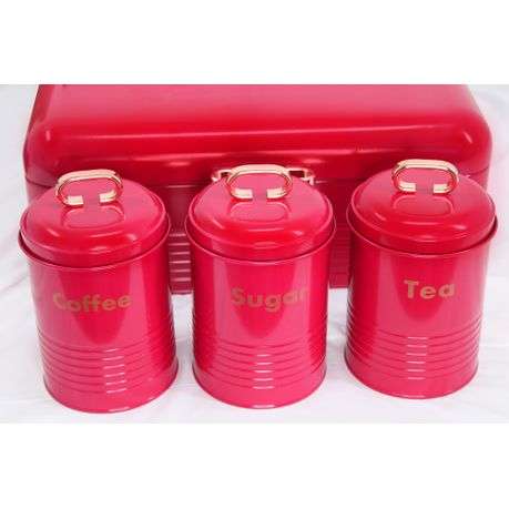 Retro Design Two Loaf Bread Bin with 3 Piece Matching Canister Set - Red (PLEASE READ DESCRIPTION)
