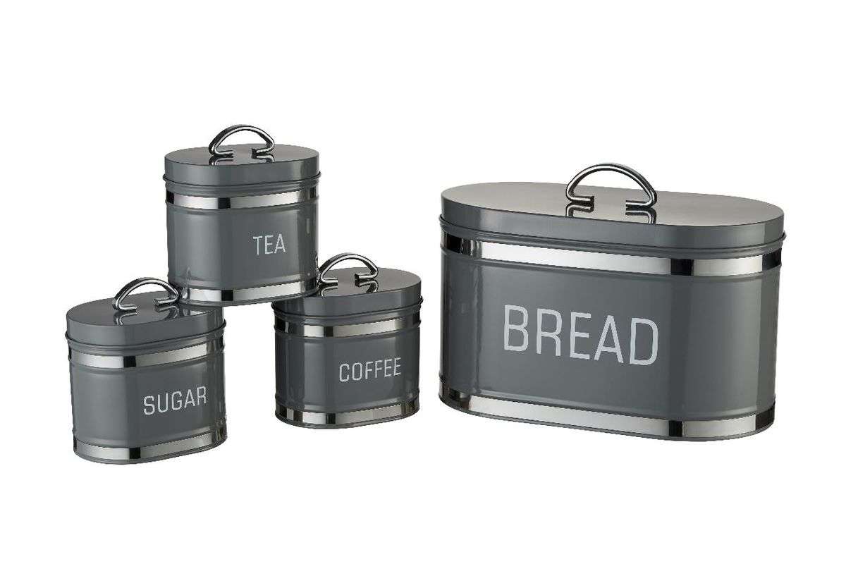 4-Piece Retro Bread Bin and Canister Set - Grey