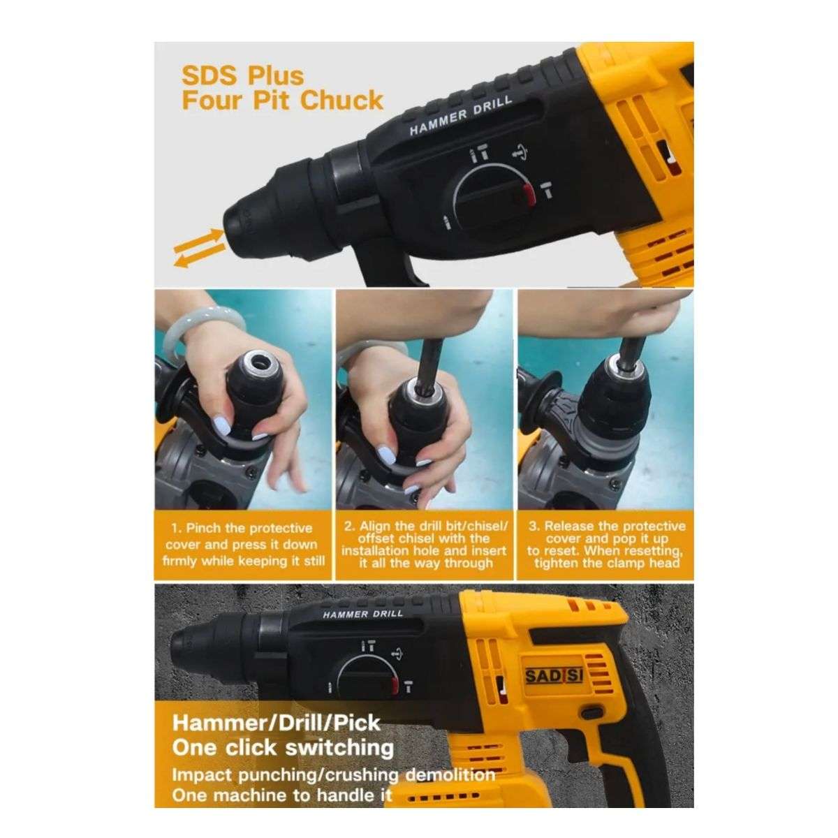 3-IN-1 SDS Hammer Drill With Grinder, Hand Drill, Gloves, Batteries & Case