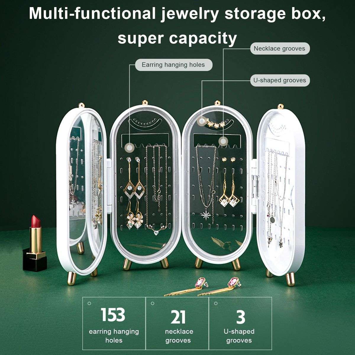 4-Tier Foldable Jewelry Display Storage Box Holder With Mirror - White