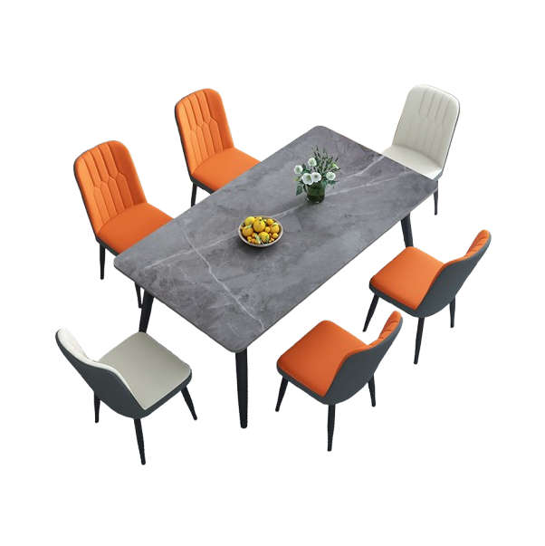 Modern Dining Set -Grey Marble Table with 2 White and 4 Orange Chairs
