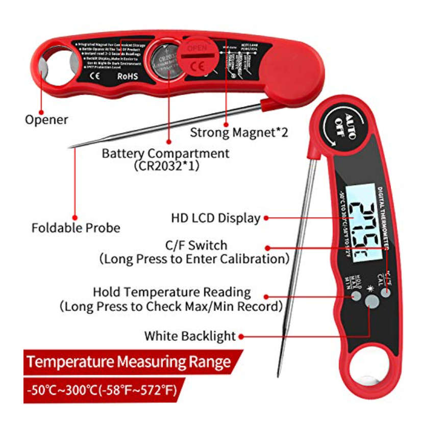 Digital Instant Read Meat Thermometer - Waterproof Kitchen Food Cooking Thermometer with Backlight