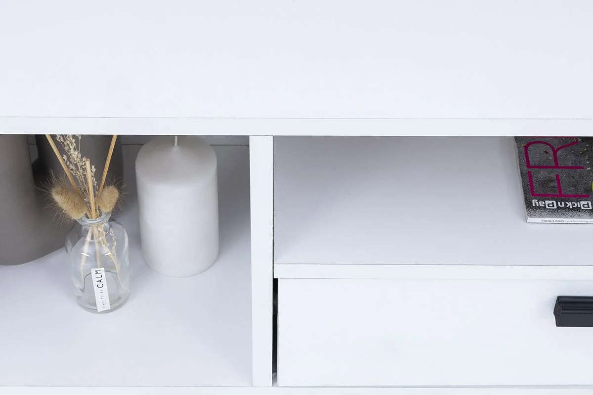 Modern TV Unit with Hinged Storage Door & Open Shelves - MDF Superwood -White