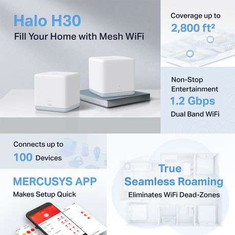 Mercusys - Halo H30(2-pack) AC1200 Whole Home Mesh Wi-Fi System - Mercusys - Halo H30(2-pack) AC1...