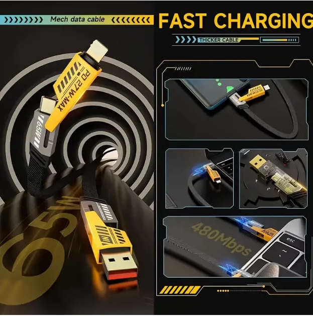4-In-1 Premium Fast Charging Cable, Dual Type-C & Usb Lighting Connectors