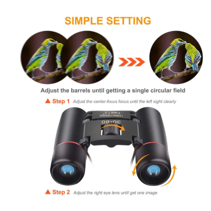 Compact 30x60 Binoculars, 10× Magnification, 126m/1000m Field View, 155g, Black