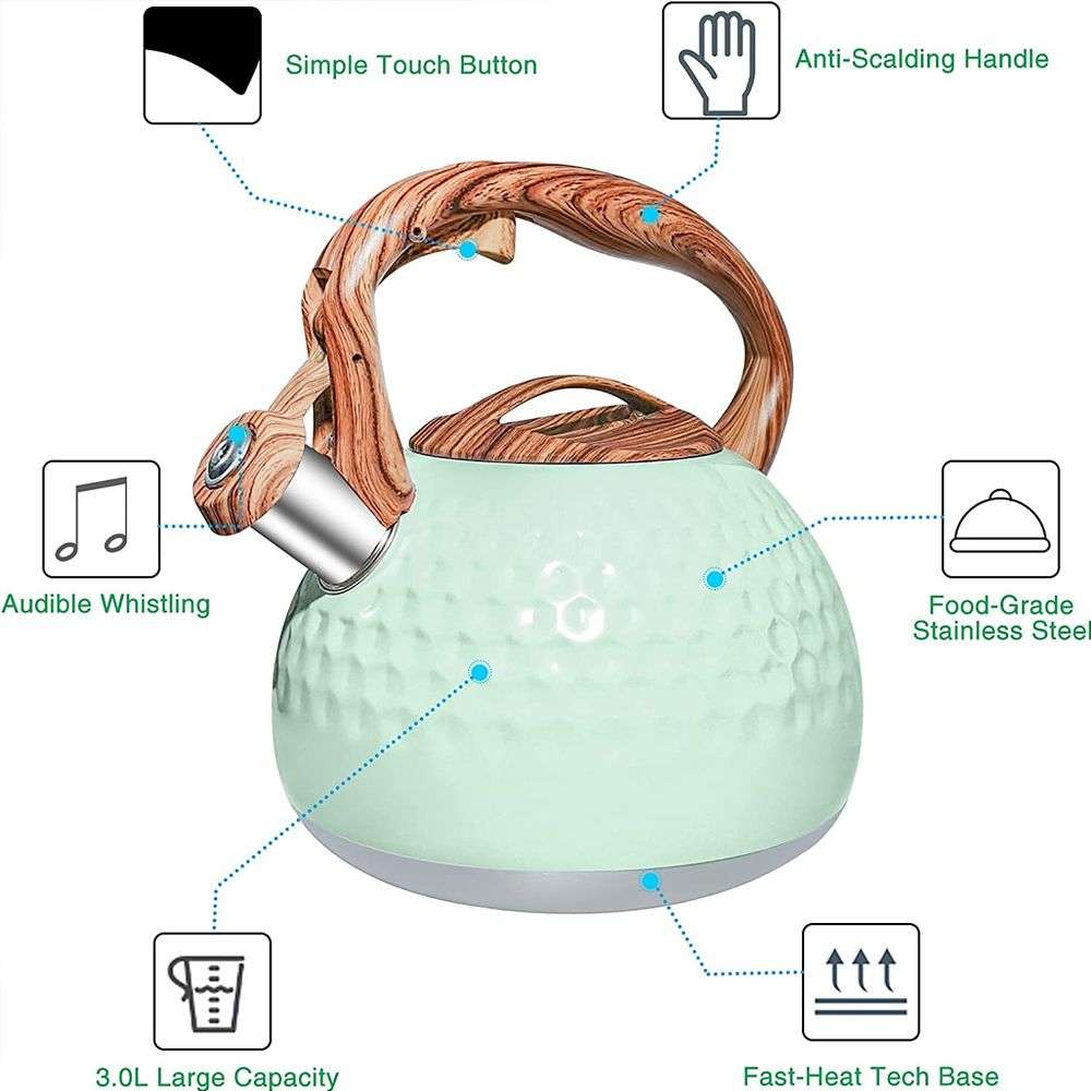 Stainless Steel Wood Pattern Handle Loud Whistling Kettles - 3 Litre