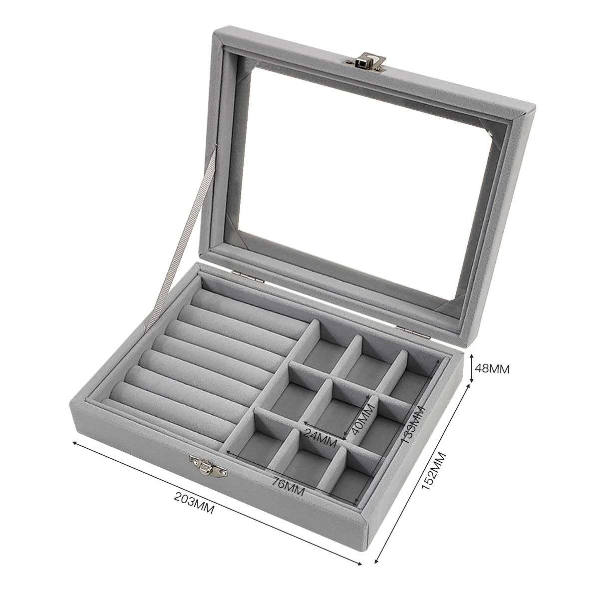 Compact Velvet Fabric Jewelry Storage Organizer Display Box-9 Grids-Grey