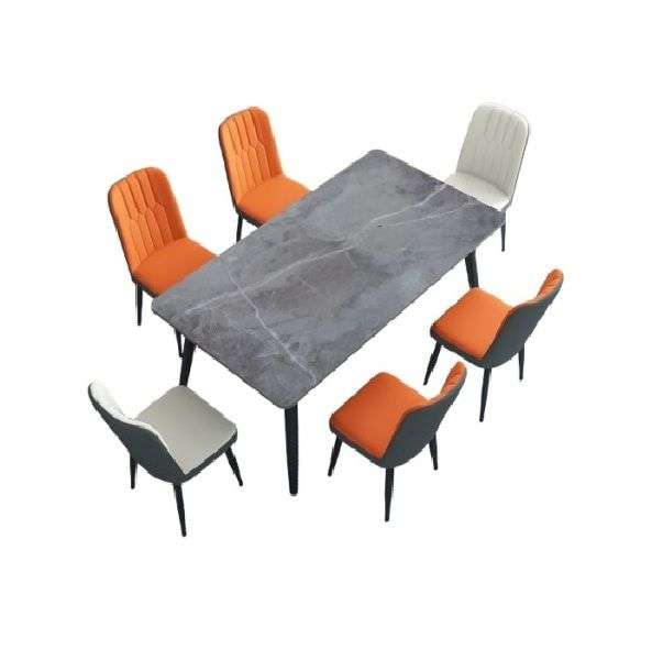 Modern Dining Set -Grey Marble Table with 2 White and 4 Orange Chairs
