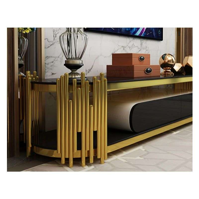 Plasma / Smart TV Stand -Black Glass Top and a Titanium Golden Stainless Steel Base