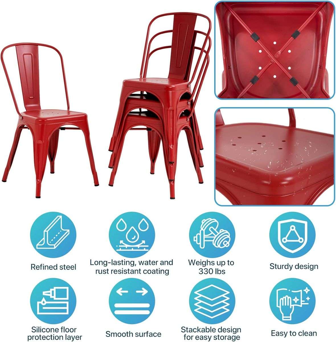 Metal stackable chair outdoor/indoor useRed - Red - 4 Pack