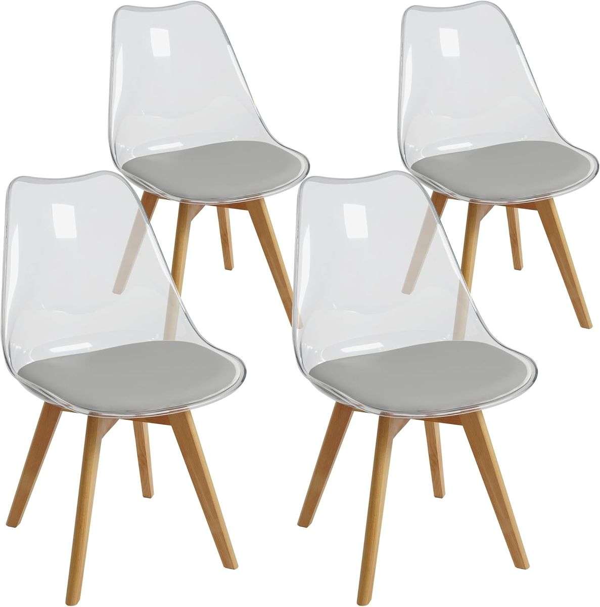 Modern transparent padded chairs with wooden legs Grey - 6 Pack