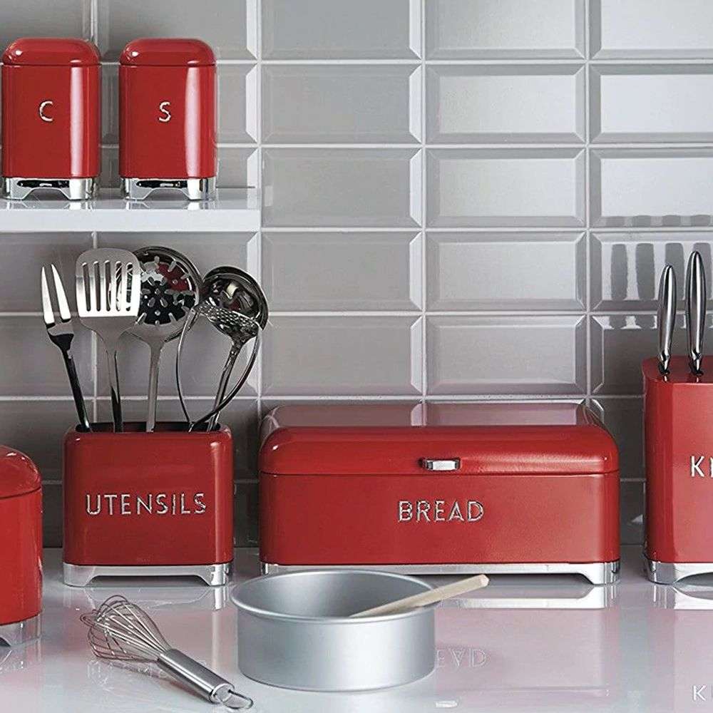 Breadbin with 3 Piece Matching Canister Set - Red, Gold