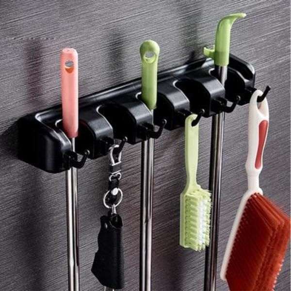 Mop Broom & Sports Equipment Organizer Wall Mount - Black
