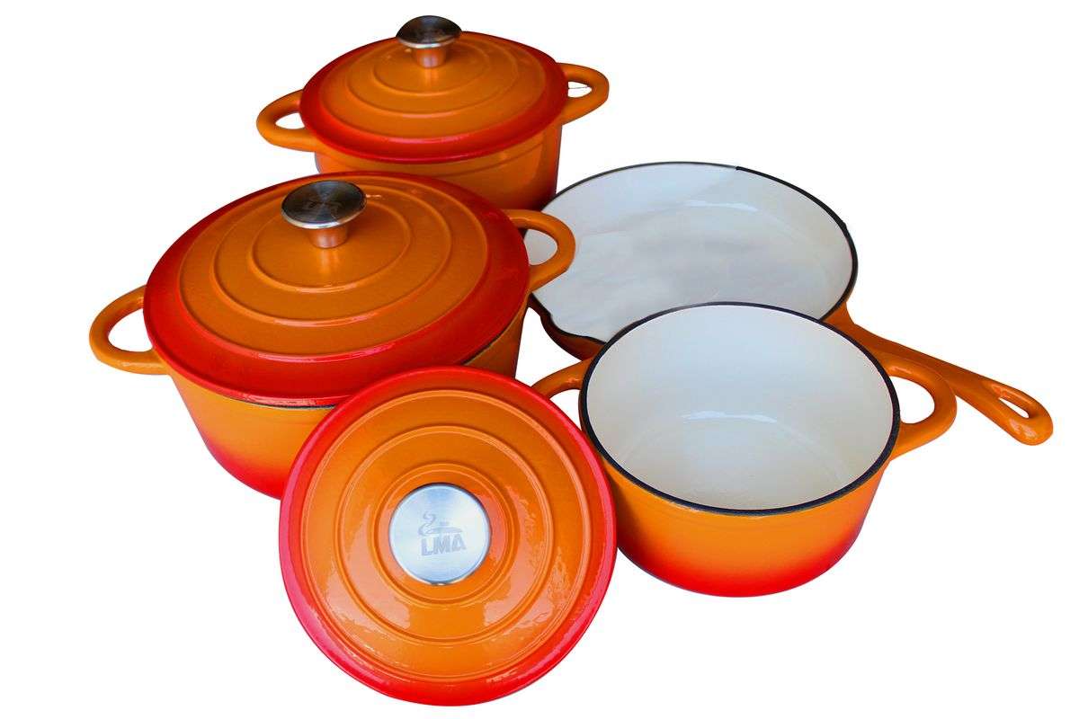 LMA Branded 7 Piece Cast Iron Dutch Oven Cookware Set - Sunset Orange (