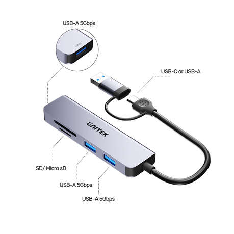 Unitek - uHUB P5+ 5-in-1 USB 5Gbps Hub with SD and Micro SD Card Reader - Unitek - uHUB P5+ 5-in-...